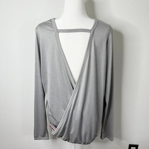 C&C California Women's Cold Shoulder Mesh Top Size L Gray Open Back Long Sleeve - Picture 4 of 10